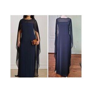 Lauren Ralph Lauren Georgette Cape Gown Navy Women 8 Formal Evening Wedding Gala